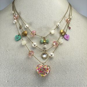Betsey Johnson Candyland Gold Tone Multi Layer Beaded Heart Pendant Necklace